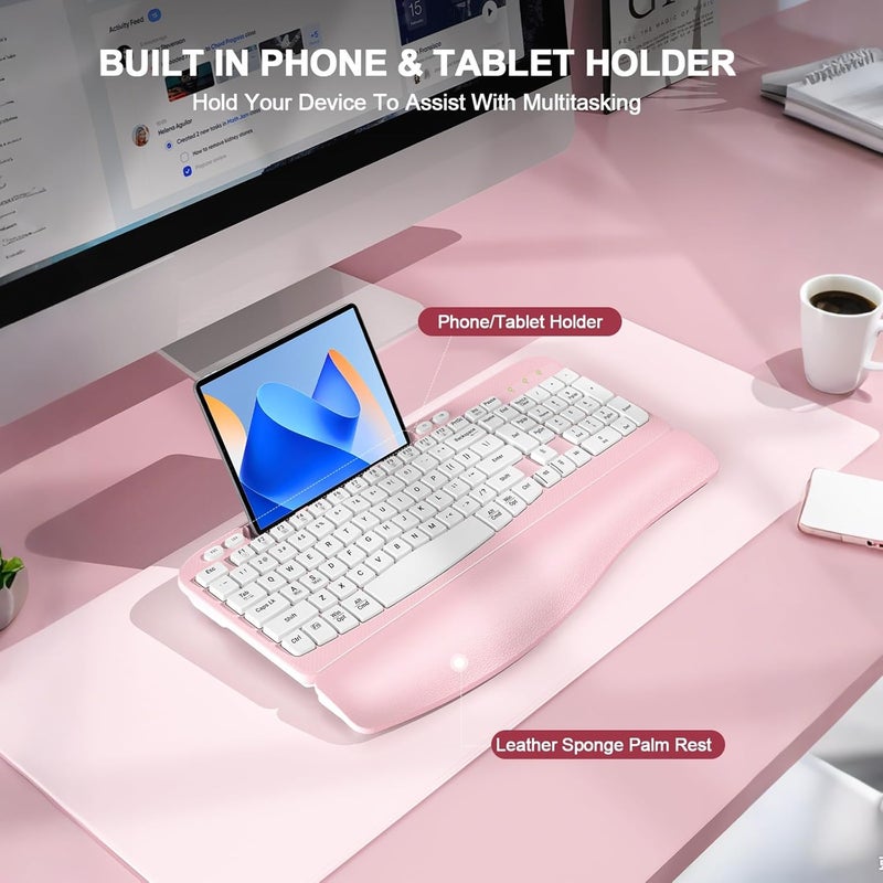 EAYBLLY Ergonomic Wireless Keyboard with Cushioned Wrist Rest, Wave Keys, Phone Holder, Comfortable Natural Typing, 2.4GHz Full Size Cordless USB Computer Keyboard for Windows, Mac OS, Laptop, PC (Pink) - Image 5